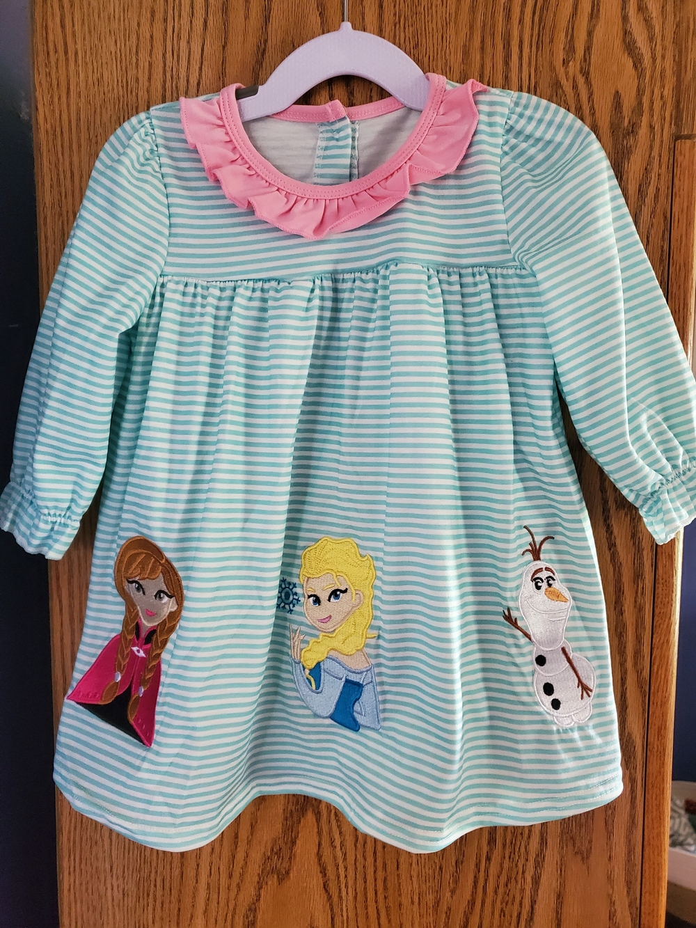 Girls' Frozen Mint Striped Dress with Pink Ruffle Collar